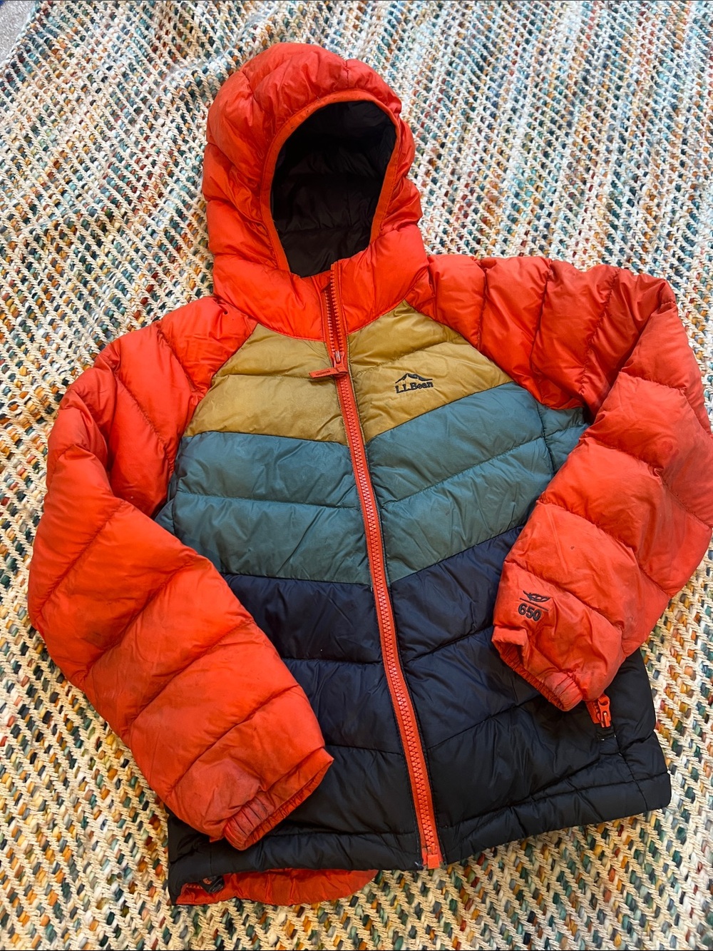L.L. Bean Kids' Colorblock Hooded Down Puffer Jacket - Red, Tan, Teal, Navy